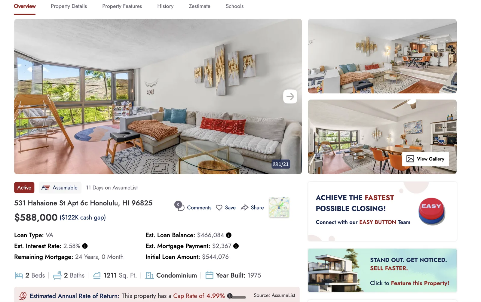 Assume List listing page with estimated rate, payment, loan balance and cash gap